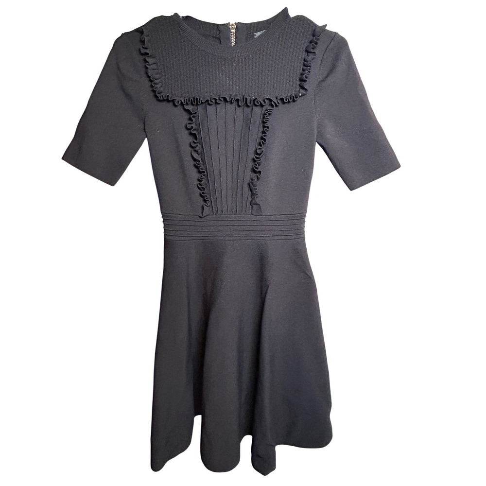 Ted Baker London Fit & Flare Dress 1 Black Ruffle Bib Short Sleeve Knit Mini